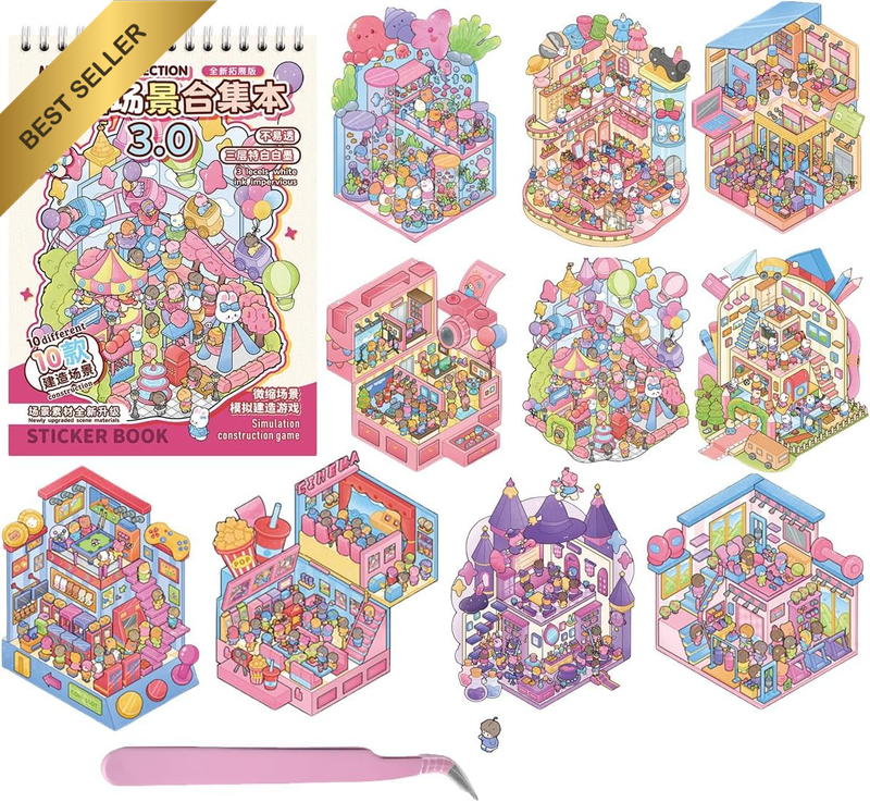 10 Sets DIY 3D Sticker Scene Collection Book 3D House Stickers Therapy for Adult