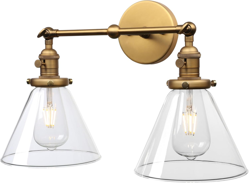 Double Sconce Vintage Industrial Antique 2-Lights Wall Sconces with Funnel Flared Glass Clear Glass Shade (Antique Gold)