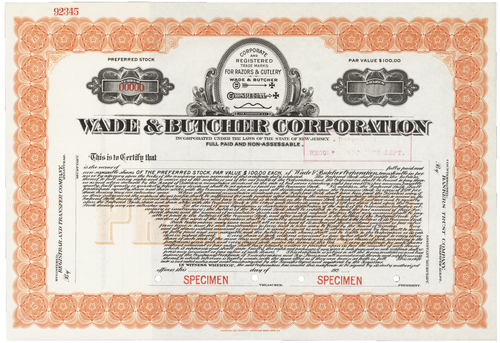 Wade & Butcher Corporation. Stock Certificate
