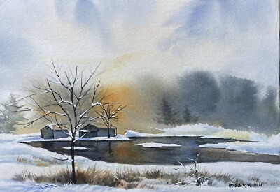 Pamela Wilhelm original Watercolor  5 x7 Frozen Pond Barn Evening Winter Light