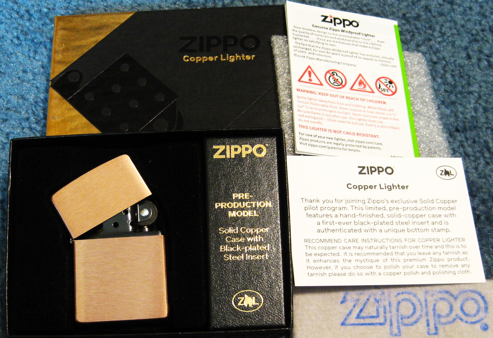 ZIPPO PRE-PRODUCTION Lighter SOLID COPPER 48107 Black Coated Insert ...