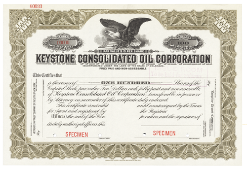 Keystone Consolidated Oil Corporation. Stock Certificate.