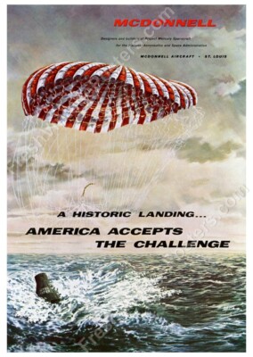 1961 NASA Mercury splashdown McDonnell Aircraft vtg art NEW POSTER 18 x 24
