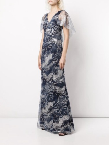 Marchesa Notte NEW Glitter Tulle Cape Sleeve Side Slit Gown