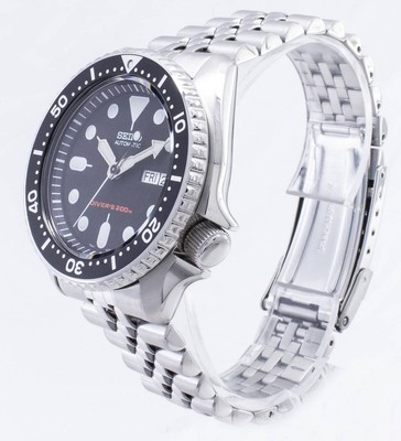 Pre-owned Seiko Skx007k2 Automatic Stainless Steel Black Dial Day/date Divers Mens Watch