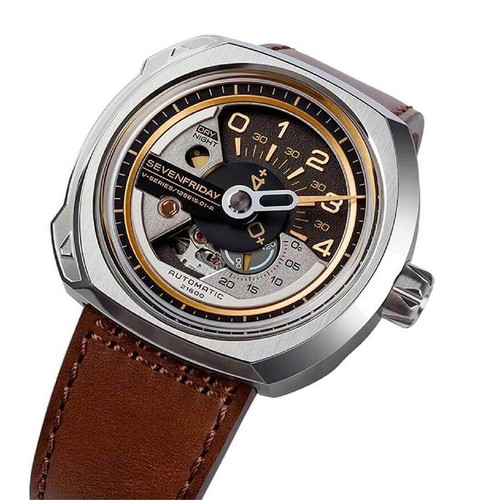 Pre-owned Sevenfriday Men's Watch V-series Automatic Brown Semi-matte Leather Strap V2-01