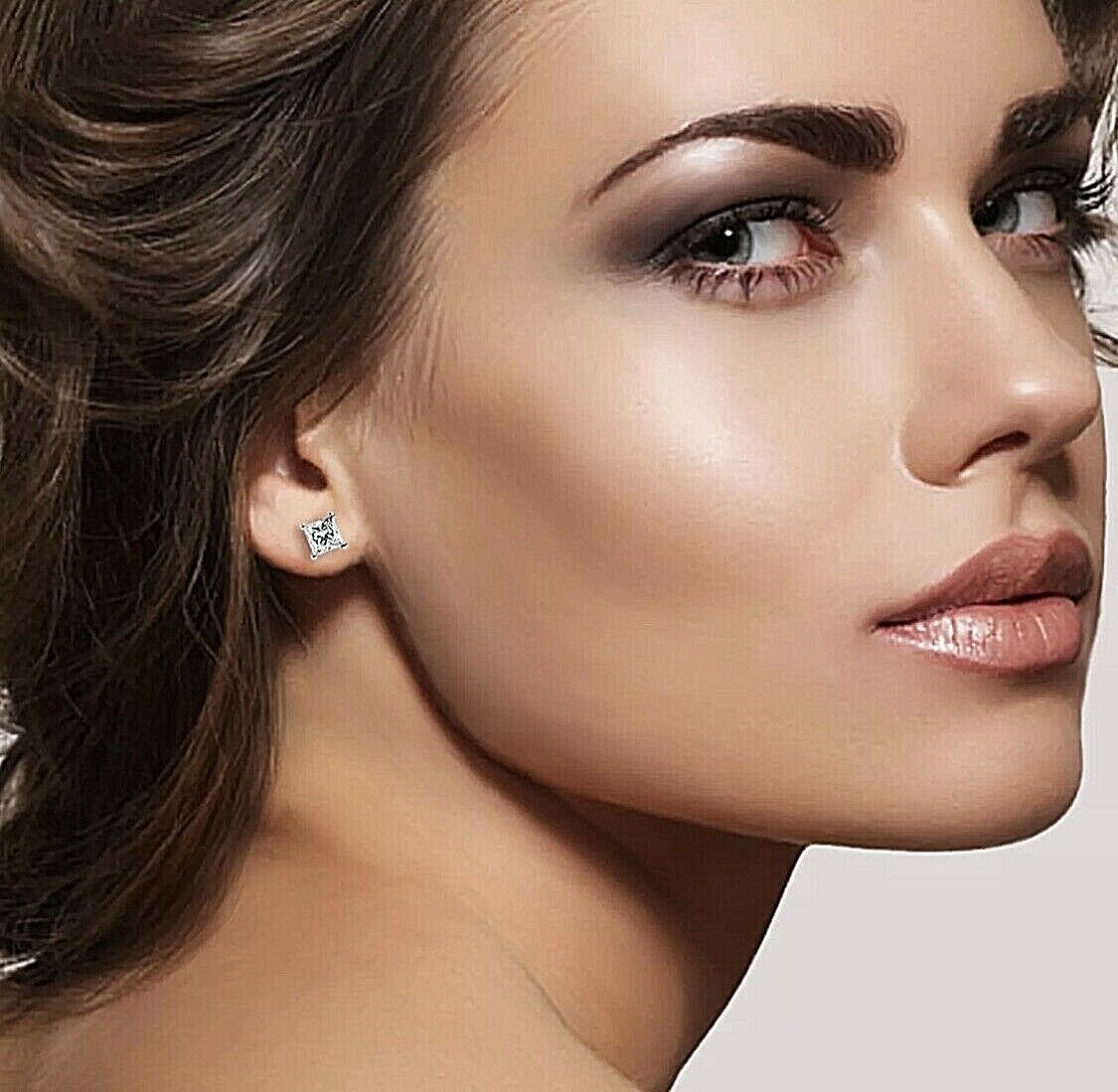 4 CT PRINCESS CUT FL/D LAB CREATED STUD EARRINGS 10K SOLID YELLOW GOLD PUSH BACK