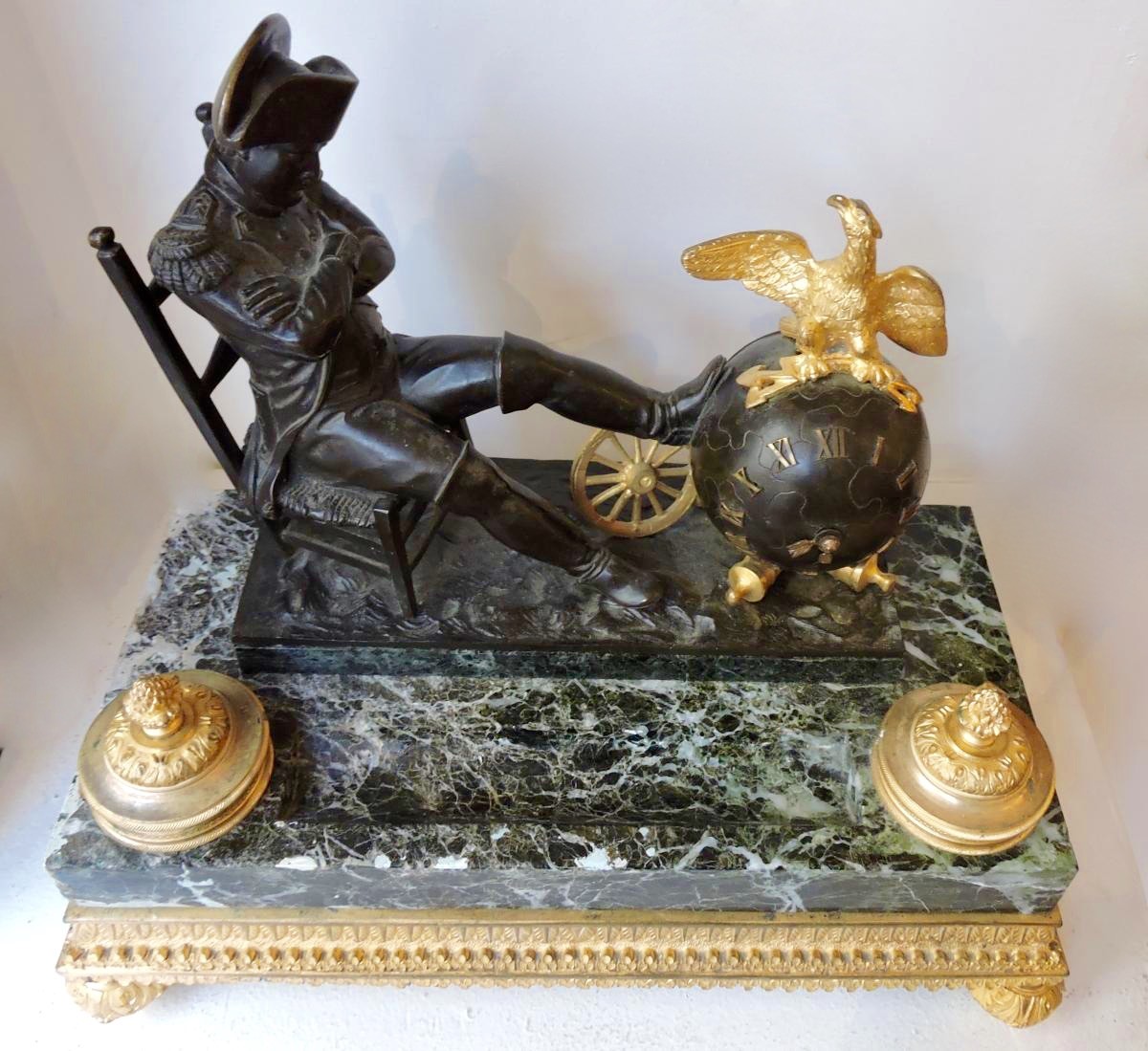 Napoleon At The Watch  Antique 19th Century Bronze Desk  Clock and Inkwell