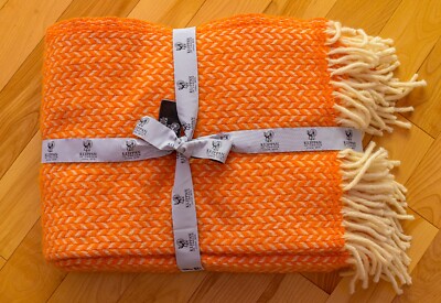 Klippan Sweden Lambs Wool Throw/Blanket Orange/White Herringbone Rev 52 x 74 NWT