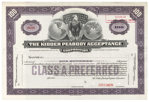 The Kidder Peabody Acceptance. Stock Certificate.