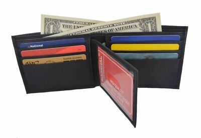 Mens Genuine Leather Black Flap Credit Card ID Holder Slim Bifold Wallet