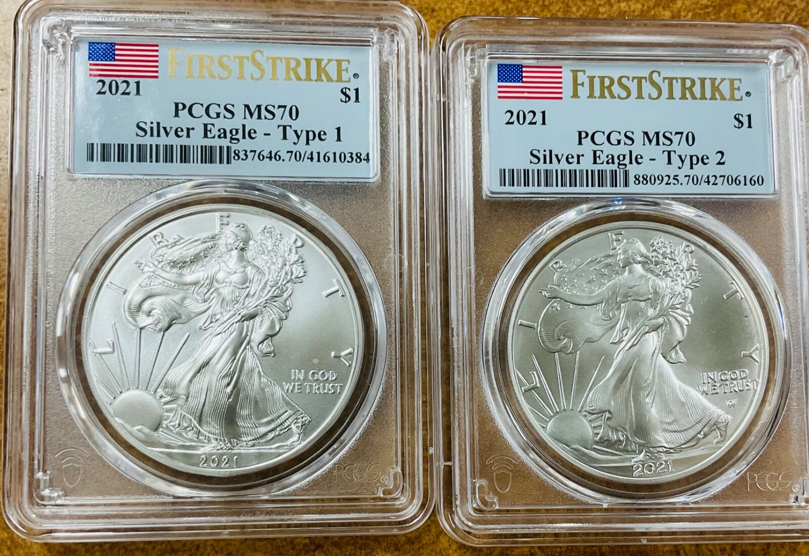 LOT OF 2 PCGS 2021 MS70 AMERICAN SILVER EAGLES . TYPE 1 AND