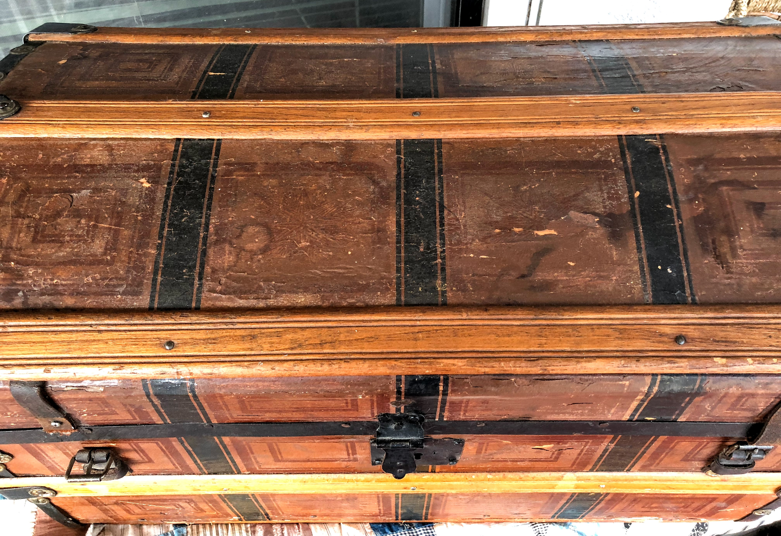 FARMHOUSE 1800 Primitive Antique Trunk Lithograph Paper~Wood Metal Brads