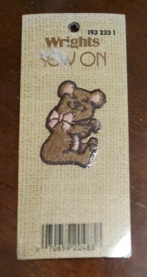 Wrights vintage small sew on embroidered patch, teddy bear with pink bow, NIP
