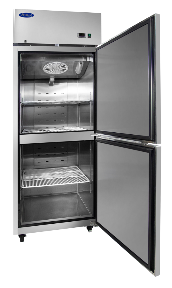 New Atosa MBF8010GR 2 Half Door Stainless Reach In All Refrigerator with Casters