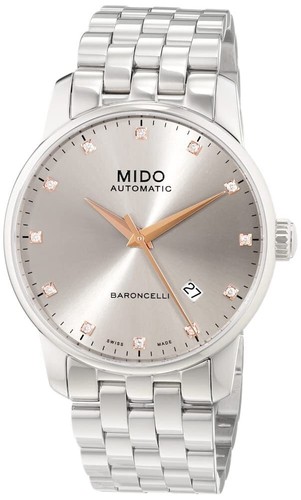 Pre-owned Mido Baroncelli Men's Silver Automatic Diamond Rhodium Dial 38mm Watch M86004671