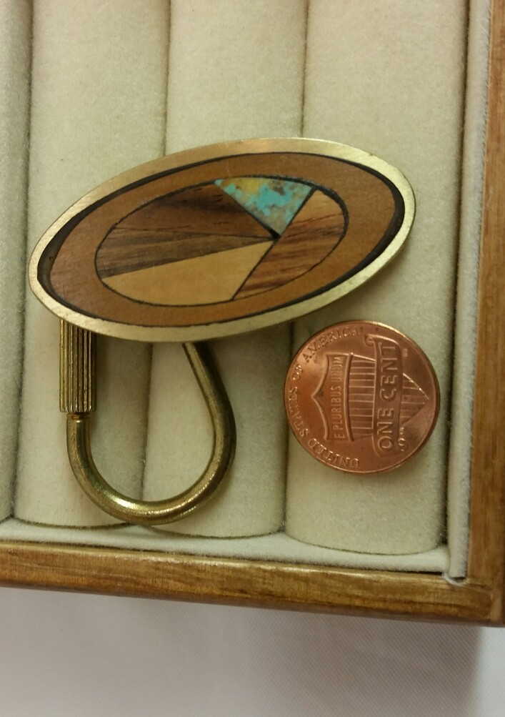 Vintage Sky West key chain Wooden Inlay Brass Turquoise Art Oval Unique Nice