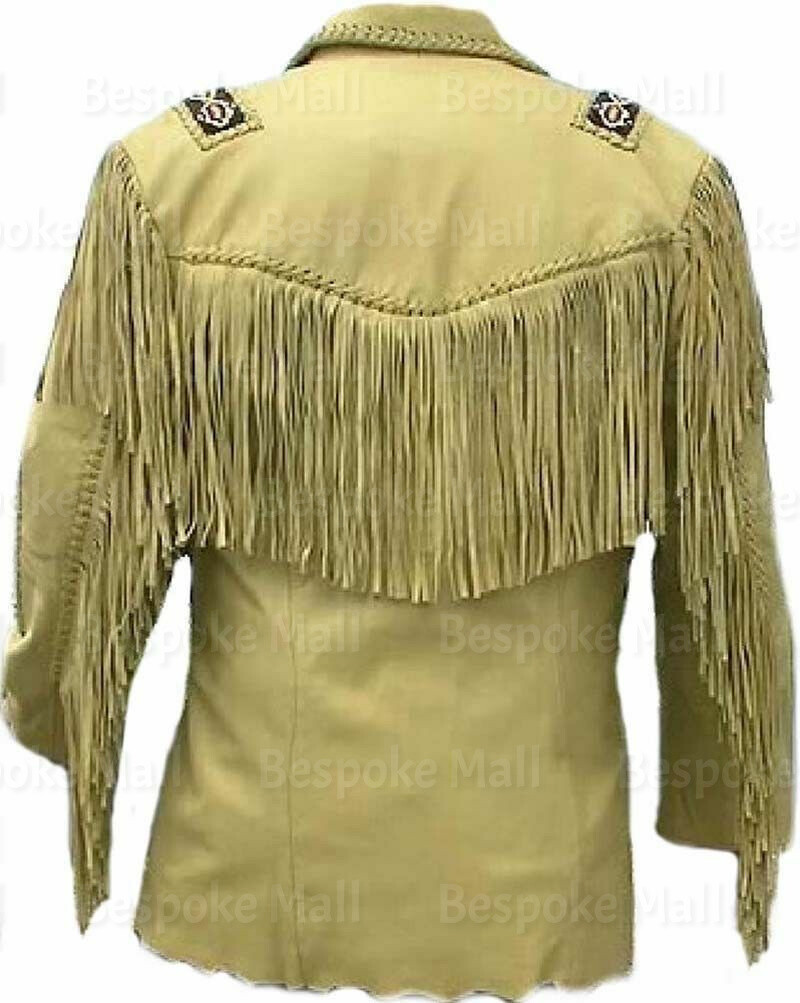Pre-owned Handmade Men's Cowboy Western Style Beige Leather Jacket With Fringes, Bone,beads-506