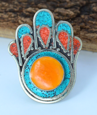Ancient Rare Victoria Silver Color RING Amazing With Natural ORANGE Stones HAMSA