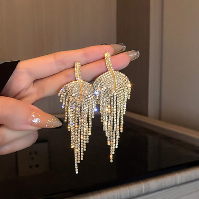 Silver Needle Diamond Leaf Tassel Earrings Fashion Wedding Women