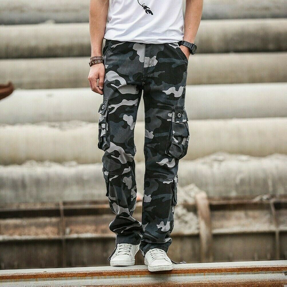 Uomo Camouflage Cargo Pantaloni Lavoro Tasca Casual Militare Outdoor Nuovo