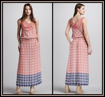 Pre-owned Diane Von Furstenberg Sz 8,4  Lou Lou Printed Long Slice Coral Print Maxi Dress In Pink