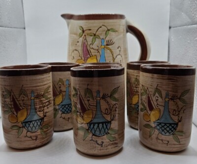 Vintage Nasco Del Coronado Japan Hand Painted Pitcher with 6 glasses
