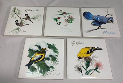 5 Vintage *SCREEN CRAFT* Hand Decorated Ceramic Tile Trivets - Assorted Birds