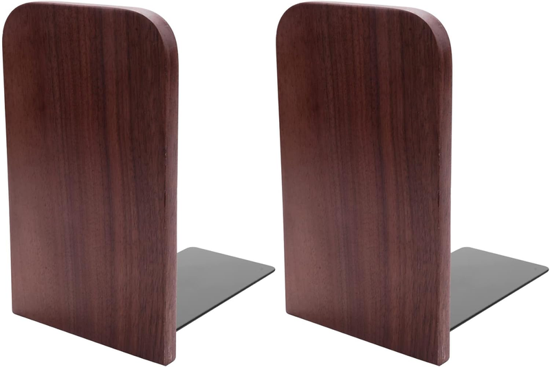 2Pcs Wooden Bookends with Metal Base Heavy Duty Black Walnut Book Stand with Ant
