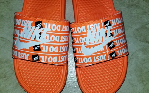Nike Benassi JDI Sandals Just Do It Print Orange Mens Sandals Sportswear Size 13
