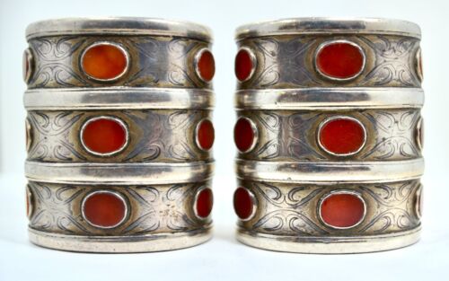 Outstanding Pair of Antique Turkoman Silver Carnelian Matching Cuff Bracelets