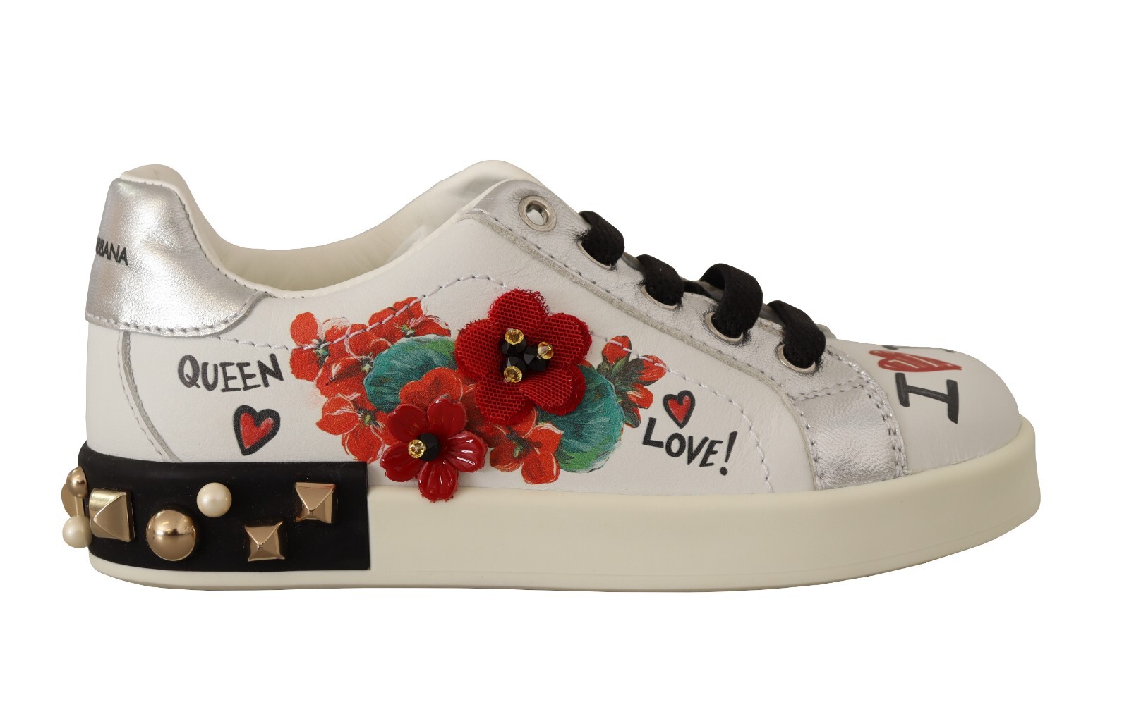 DOLCE & GABBANA Kids Shoes White Leather Floral Studded DOLCE & GABBANA Kids Shoes White Leather Floral Studded