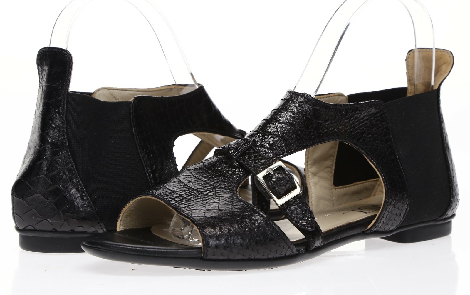 AGL Womens Black Snake Print Cut Out Sides Leather Flat Sandals Size 37.5