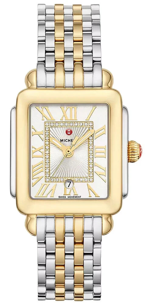Pre-owned Michele Deco Madison Mid Two-tone Roman Numeral Diamond Dial Watch Mww06g000013