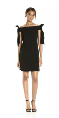 Donna Morgan Women's Off Shoulder Crepe Dress with Bow Details, Black, 8