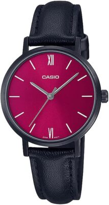 Casio Women's Red Dial Black Leather Band Analog Watch LTP-VT02BL-4AUDF