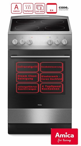 Amica Elektro Standherd 50cm Edelstahl Ceran Kochfeld Grill Backofen SHC 11595 E