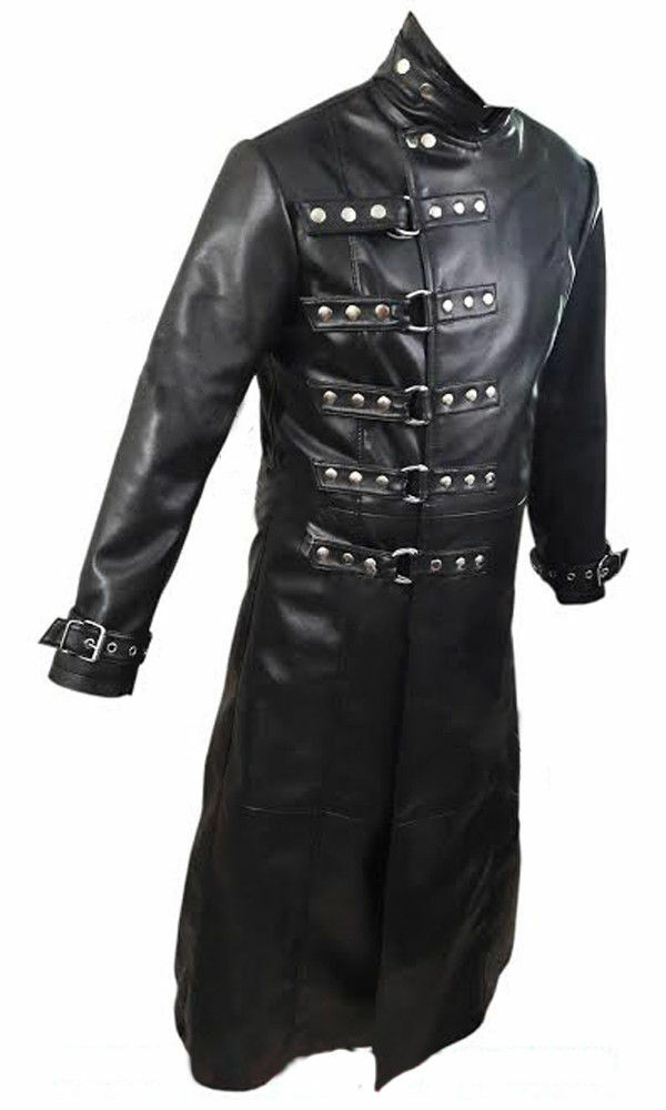 Pre-owned Bargainwoman Mens Genuine Black Leather Steampunk Goth Rave Festival Coat