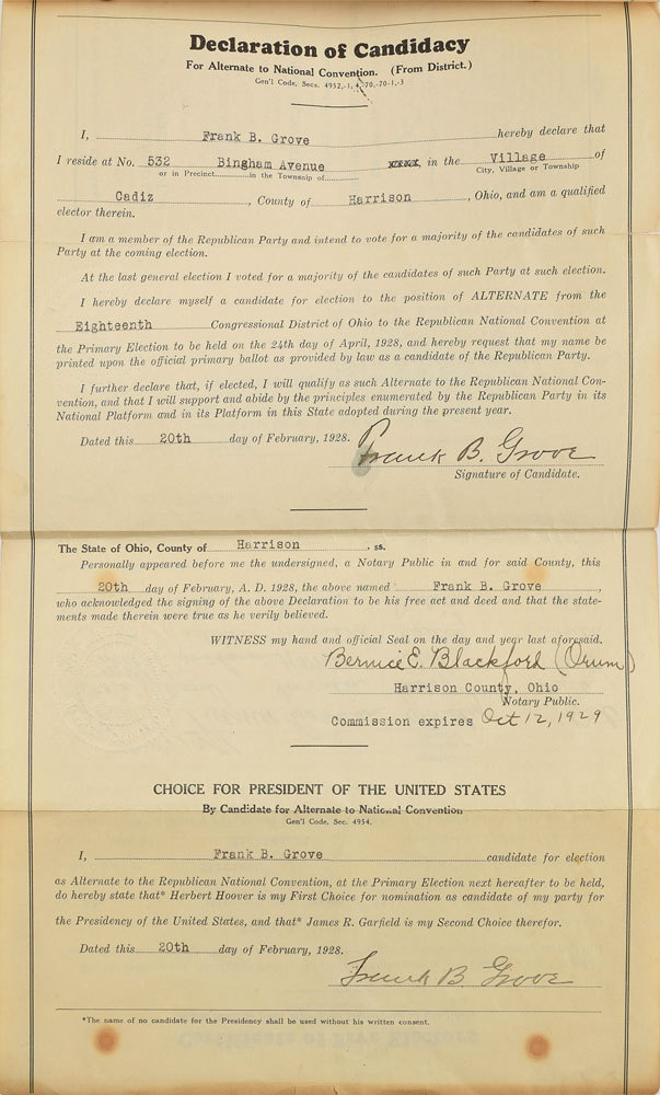 Herbert Hoover Document Signed - Official Declaration as Presidential Candidate