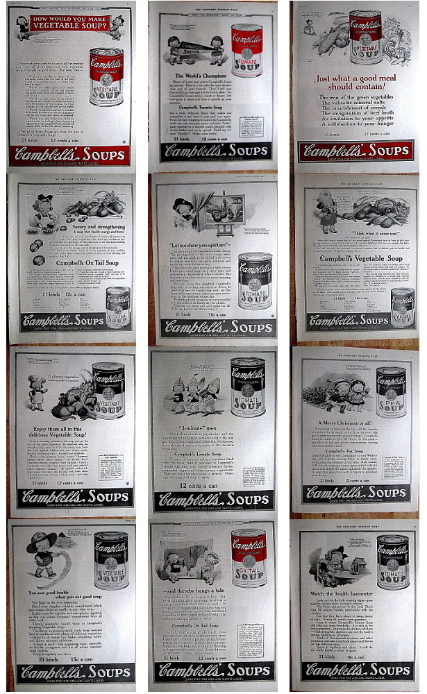 36 Vintage  CAMPBELL'S SOUP 11 x 14 inch Print Ads wholesale lot 1920s to 50s
