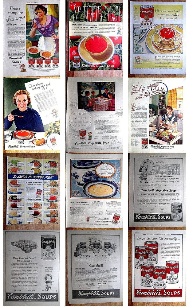 36 Vintage  CAMPBELL'S SOUP 11 x 14 inch Print Ads wholesale lot 1920s to 50s