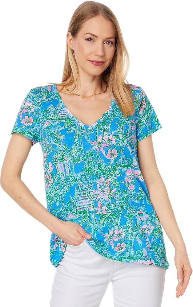 Футболка с V-образным вырезом LILLY PULITZER Boca Blue под Бугенвилем Etta Tee Top M