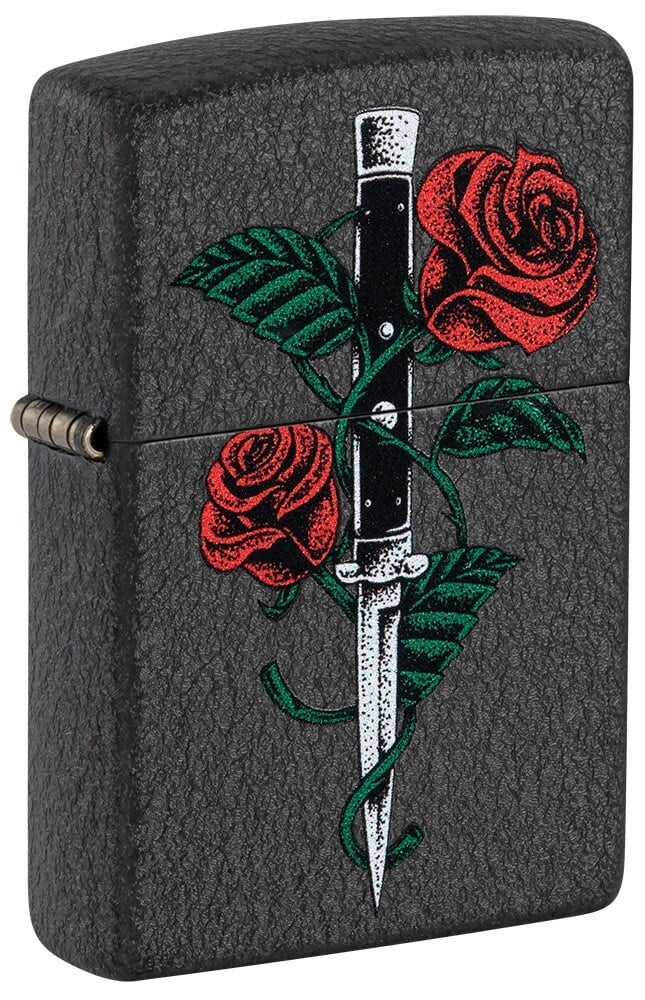 Zippo 49778, татуировка с красной розой и кинжалом, зажигалка с черной отделкой кракле