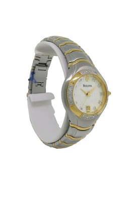 Pre-owned Bulova 98r70 Women's Round Analog Date Diamond Two Tone Stainless Steel Watch