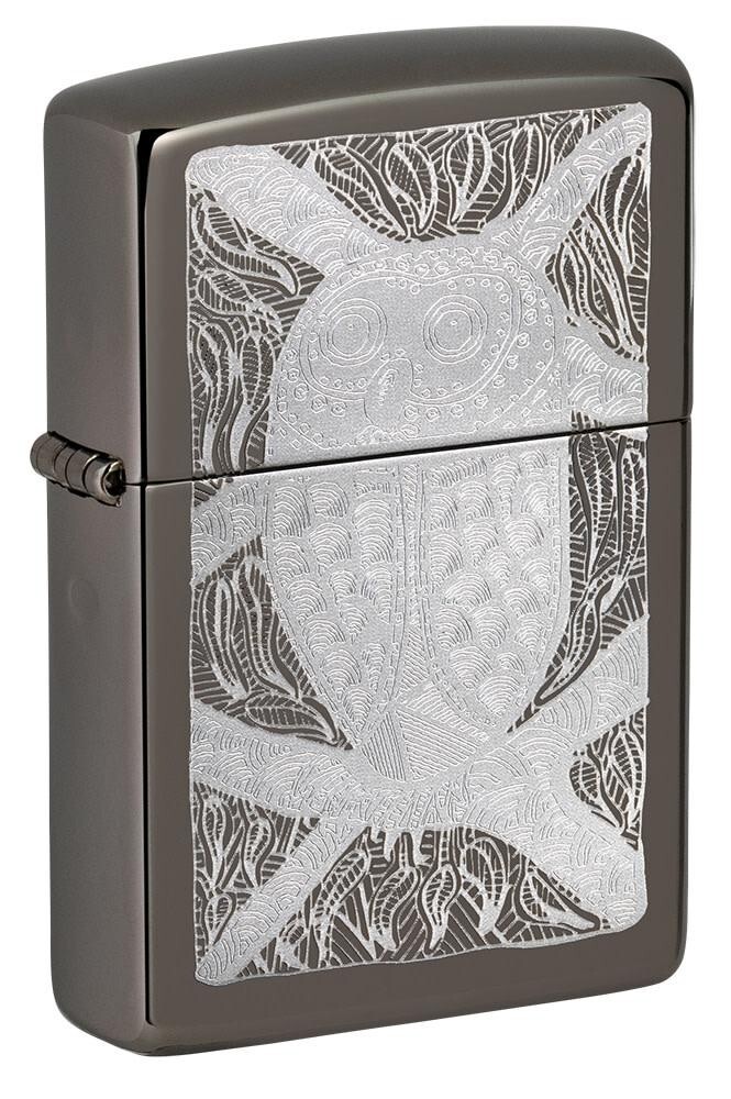 Zippo 49612, John Gumbula Owl Design, зажигалка Black Ice Finish