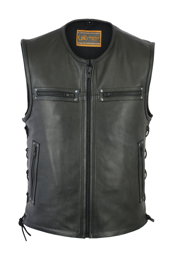 Men's Motorcycle Soft Leather Vest With Zipper Front and Concealed