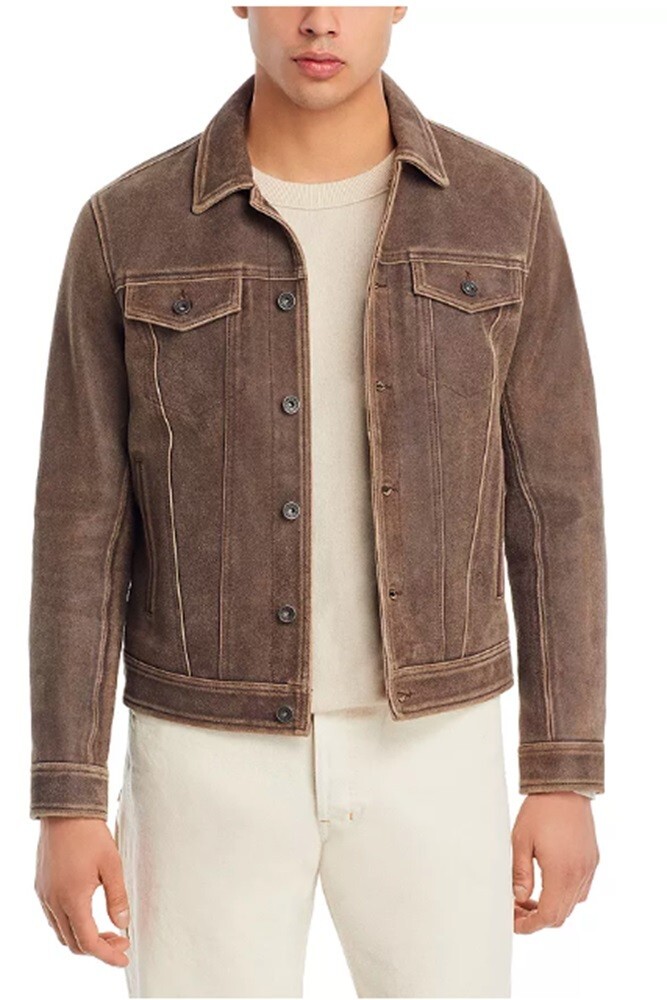 Pre-owned John Varvatos Men's Andrew Leather Trucker Jacket Size: Eu 48, Us 38 (m) In Brown