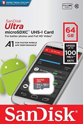 SanDisk 64GB Ultra A1 MicroSDXC Class 10 100MB/S 667X Micro SD UHS-I TF Card 