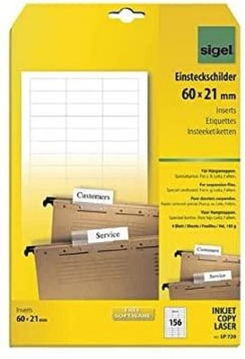 SIGEL LP720 Piece Inserts for suspension files, 6 x 2.1 cm, 185 gsm, 156 Pieces 
