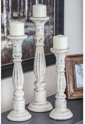 Set of 3 Rustic Wood Pillar Candle Holders, Vintage Farmhouse, Distressed White